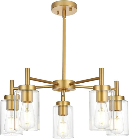VINLUZ Retro Large Chandelier with Clear Glass Shade Metal Indoor Kitchen Island Pendant Lighting in Gold Finish Modern Light Fixture Hanging for Dining Room