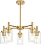 VINLUZ Retro Large Chandelier with Clear Glass Shade Metal Indoor Kitchen Island Pendant Lighting in Gold Finish Modern Light Fixture Hanging for Dining Room