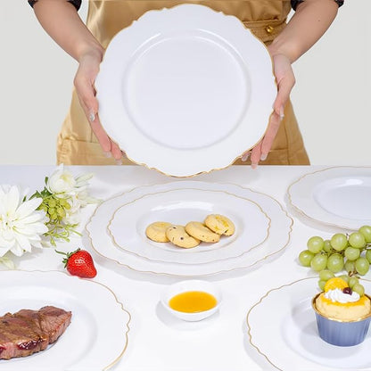 WDF 60pcs White and Gold Plastic Plates - Baroque White With Gold of 30 Heavy Duty Gold dinner plates 10.25inch, 30 Salad Plates 7.5inch Perfect for Weddings/Party/Birthday/Valentine's Days