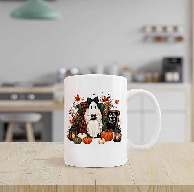kunlisa Fall Halloween Ghost Pumpkin Mug Cup 11oz | Coquette Bow Ghost Fall - Image 3