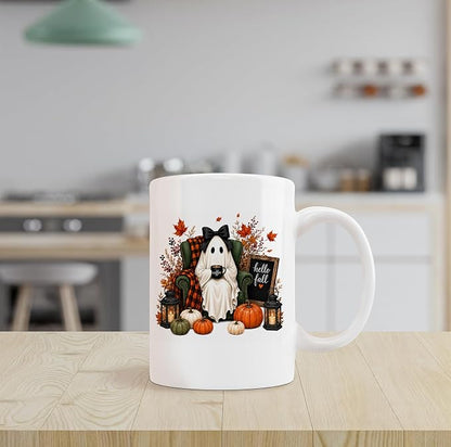 kunlisa Fall Halloween Ghost Pumpkin Mug Cup 11oz | Coquette Bow Ghost Fall - Image 3