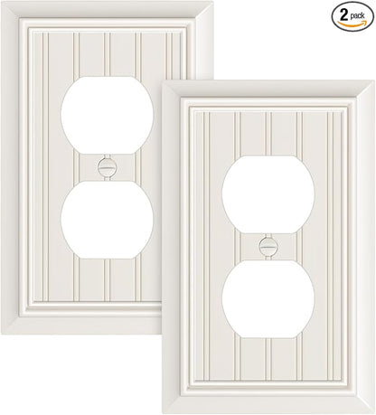2-Pack Classic Beadboard Duplex Outlet Cover Plate, Decorative Light Almond Switch Plates and Outlet Covers, Natural Bamboo Fiber Wall Plates for Electrical Outlets, 1 Gang Receptacle Cover