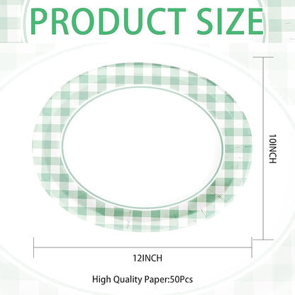 Grencian 50 Pcs Gingham Party Supplies 10"x12" Large Sage Green Gingham Oval Plates Disposable Heavy Duty Green and White Checkered Plaid Paper Plates for Baby Shower Picnic BBQ Birthday Wedding Bride