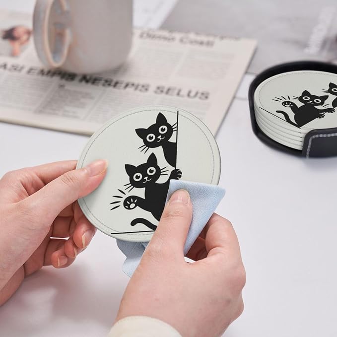 Cute Cats Coasters for Drinks Set of 6, Round Leather Coaster - Image 6