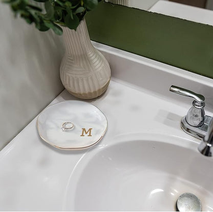 Initials Ring Dish Jewery Tray with personalized N-Monogrammed Gifts Wedding Engagement for Women Friends sister,Ceramic White