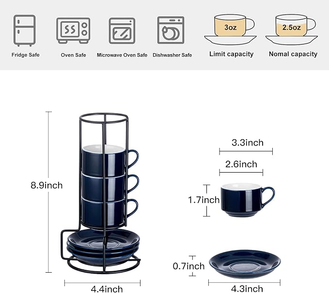 YOLIFE 2.5oz Espresso Cups Set of 4, Porcelain Stackable Espresso Cups - Image 2