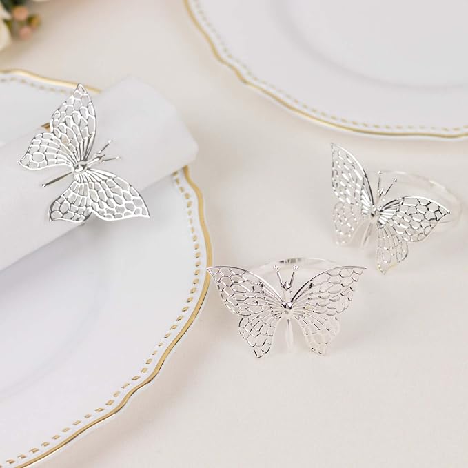 Efavormart 4 Pack | Metallic Silver Laser Cut Butterfly Napkin Rings, - Image 2