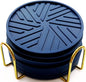Coasters Set of 6 - Non-Slip Table Coasters for Drinks, Mugs, Glasses, Cups, Bottles - Round Pads with Stylish Groove Patterns & Gold Holder Stand - 4", 0.23" (Navy Blue)