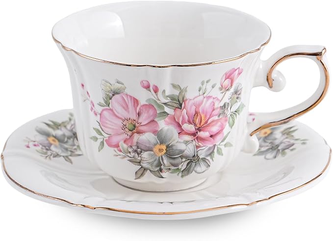 Ceramic Floral Cups with Saucers，7 oz Espresso Cups by Unknown