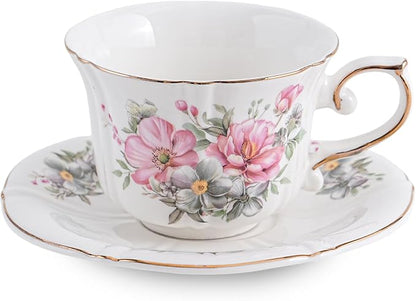 Ceramic Floral Cups with Saucers，7 oz Espresso Cups by Unknown
