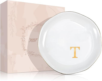 ProCase Ceramic Jewelry Tray, Initial Ring Dish Trinket Plate Engagement Gift, Small Personalized Monogram Ring Bowl for Wedding, White Decorative Jewelry Holder for Women Vanity -Letter T