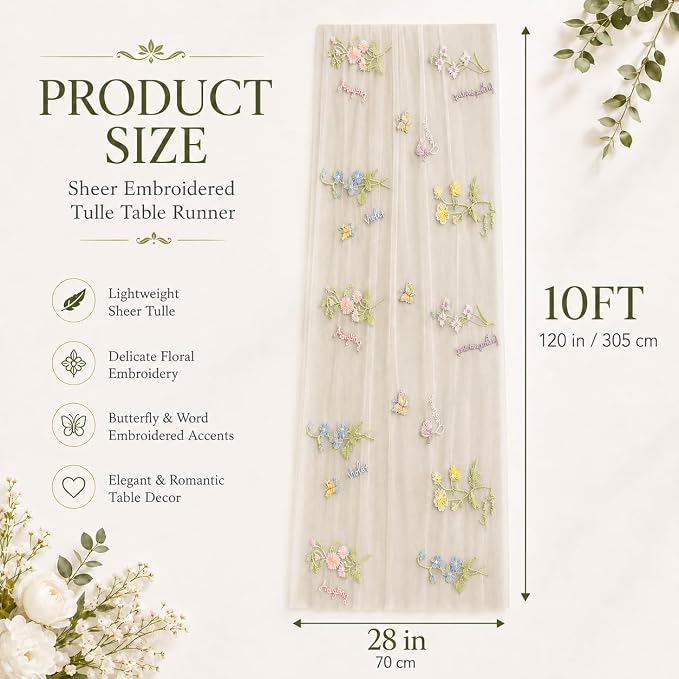 Wildflower Tulle Table Runner Butterfly Floral Wedding Party Home Decor | White - Image 3