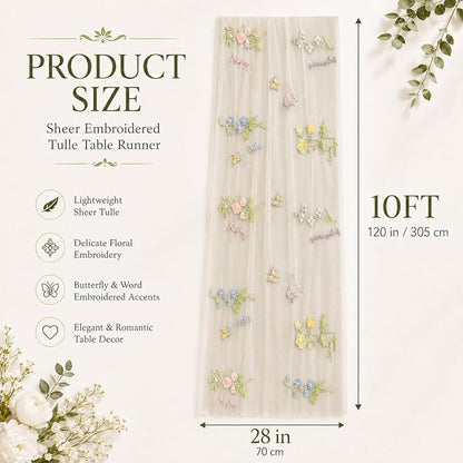 Wildflower Tulle Table Runner Butterfly Floral Wedding Party Home Decor | White - Image 3
