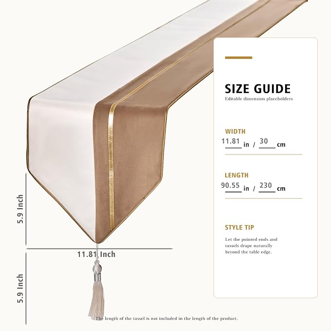 Avigers Table Runner 12 x 90 Inch, Chestnut White, Tassels | Faux Silk - Image 2