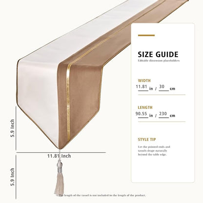 Avigers Table Runner 12 x 90 Inch, Chestnut White, Tassels | Faux Silk - Image 2