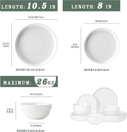 HAPPY KIT 12 Pieces Porcelain Dinnerware Set, Serving Plates and Bowls Set for 4, Chip and Scratch Resistant White Kitchen Dishware Sets, Thick-edge Non-slip Design