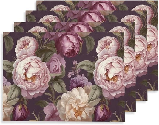 12"x18" Purple Pink White Peony Flowers Placemats Set of 4 Washable Thick Place Mats Kitchen Table Mats Decorative Linen Fabric Table Mat for Dining Table Kitchen Home Decor