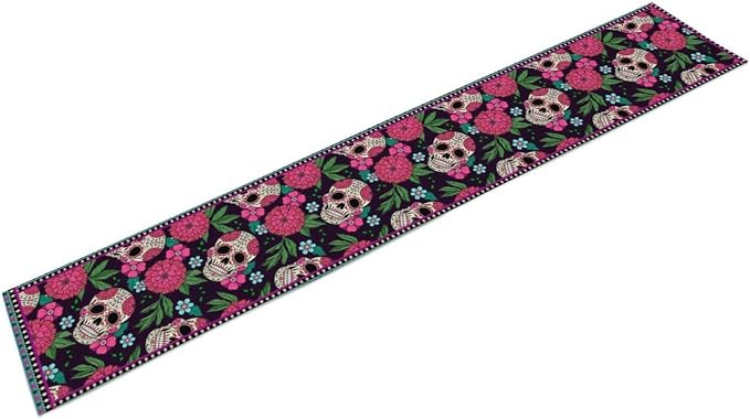 YCness Dia De Los Muertos Table Runner Red Floral Cinco De Mayo Rustic Linen - Image 9