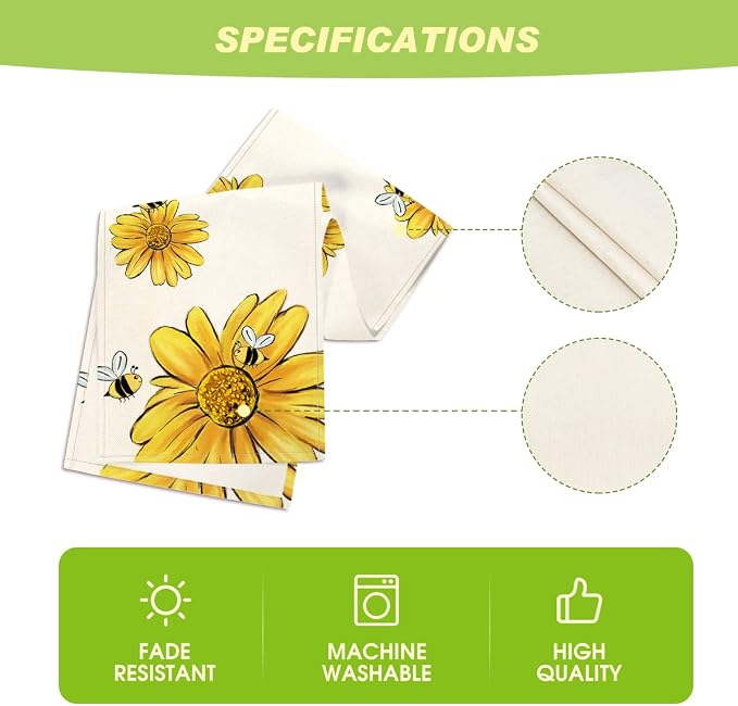 Artoid Mode Beige Bee Sunflower Summer Table Runner, Seasonal Spring Flowers - Image 5