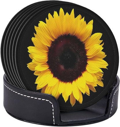 6 Pcs Black Farmhouse Blossom Sunflower Leather Coasters - Image 6