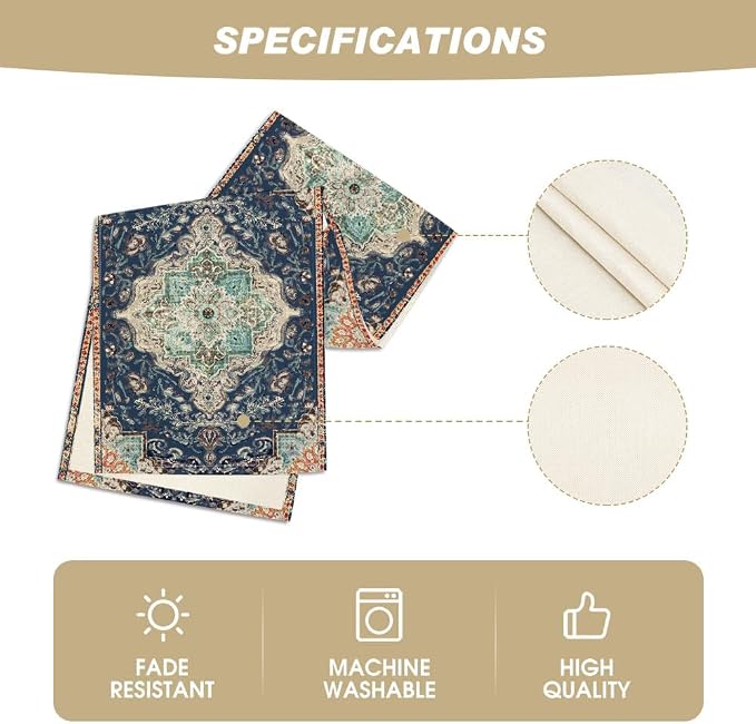 Artoid Mode Boho Bohemia Style Blue Table Runner, Country Rustic Farmhouse - Image 5