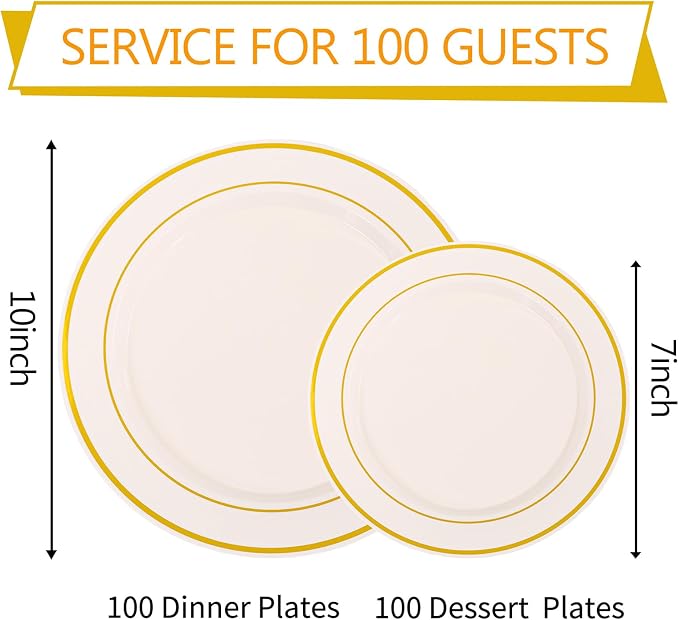 IOOOOO 200 Pcs Gold and Ivory Plastic Plates, Ivory Disposable Party Plates - Image 3