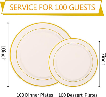 IOOOOO 200 Pcs Gold and Ivory Plastic Plates, Ivory Disposable Party Plates - Image 3