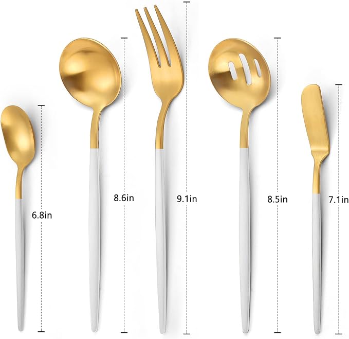 VANVRO Matte White Gold Serving Silverware Set, 5-Piece Round Shared Utensils - Image 2