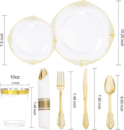 Hioasis 210pcs Clear and Gold Plates - Clear Party Plates for 30 Guest, Include 60 Heavy-duty Plates(20% Thicker Than Standard), 30 Pre Rolled Gold Plastic Silverware Set, 30 Cups