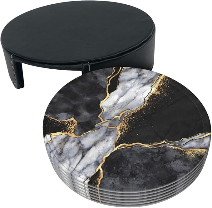 6 Pcs Black White Gray and Gold Marble Leather Coasters - Image 4