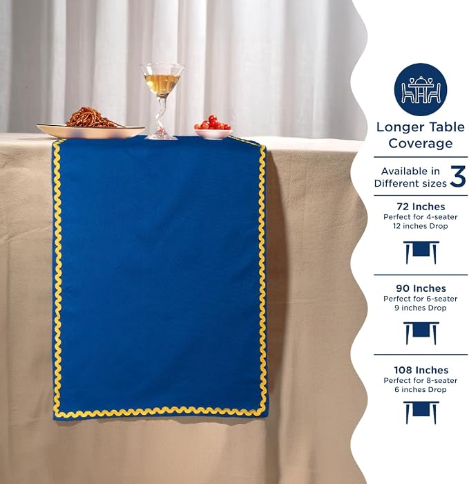 Folkulture Fall Table Runner 90 Inches Long | Blue & Yellow Rick Rack | Table - Image 5