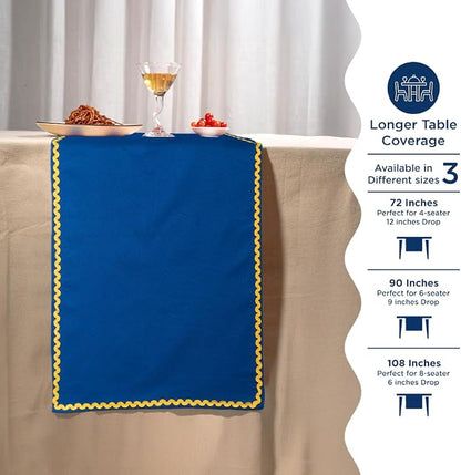 Folkulture Fall Table Runner 90 Inches Long | Blue & Yellow Rick Rack | Table - Image 5