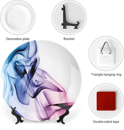 Ceramic Plates, Abstract Decor Decorative Ceramic Plates, Colorful Smoke Dynamic Flow Swirl Contemporary, 8 Inch, for Dining, Parties, Wedding, Fuchsia Blue