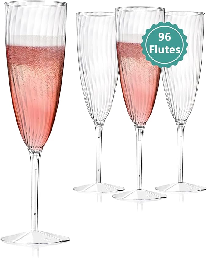 96 Pack Plastic Champagne Flutes, 6 Oz Clear Disposable Wine Glasses | Elegant by WaleeKoky