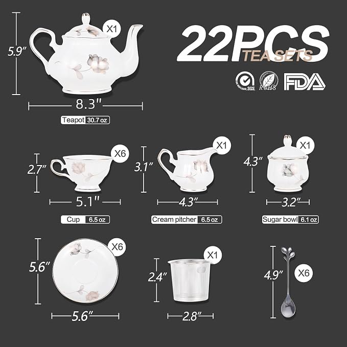 CHENP.HMC Porcelain Ceramic 22-Piece Tea Set, Teapot and Cup Set, 30.7 Ounces - Image 4