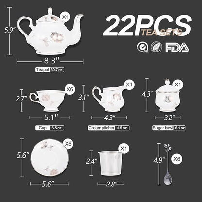 CHENP.HMC Porcelain Ceramic 22-Piece Tea Set, Teapot and Cup Set, 30.7 Ounces - Image 4