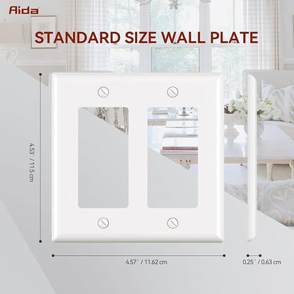AIDA 2-Gang Decorative Wall Plates, Standard Size 4.53" H x 4.57" L, Unbreakable Thermoplastic, UL Listed - 4 Pack, Glossy White for Outlets & Switches