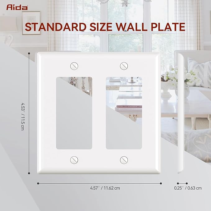 AIDA 2-Gang Decorative Wall Plates, Standard Size 4.53" H x 4.57" L, Unbreakable Thermoplastic, UL Listed - 10 Pack, Glossy White for Outlets & Switches