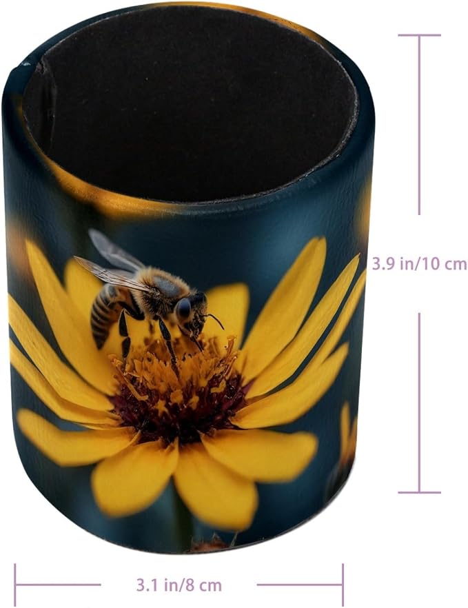 Leather Pen Holder for Desk, Honeybee Pencil Cup Pen Organizer Makeup Brush - Image 3