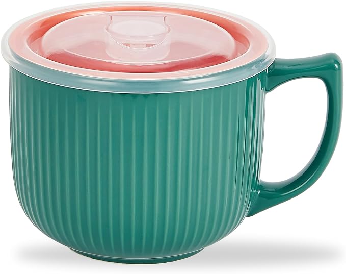 Ceramic Soup Bowl with Handle & Lid, Large 32oz Microwave Ramen Bowl Green | by Hoilse