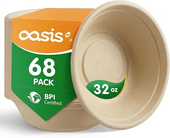 32 oz 68-Pack Large Compostable Paper Bowls, Disposable Meal Prep & Takeout by SustainableSolutions