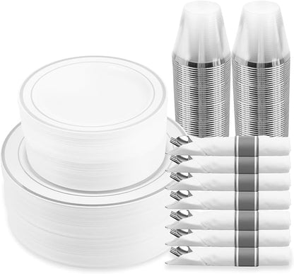 M MCIRCO 350 Piece Dinnerware Set,100 Silver Rim Plastic Plates, 50 Cups,50 Pre Rolled Napkins with Plastic Silverware, Disposable Dinnerware Set for 50 Guest, Silver