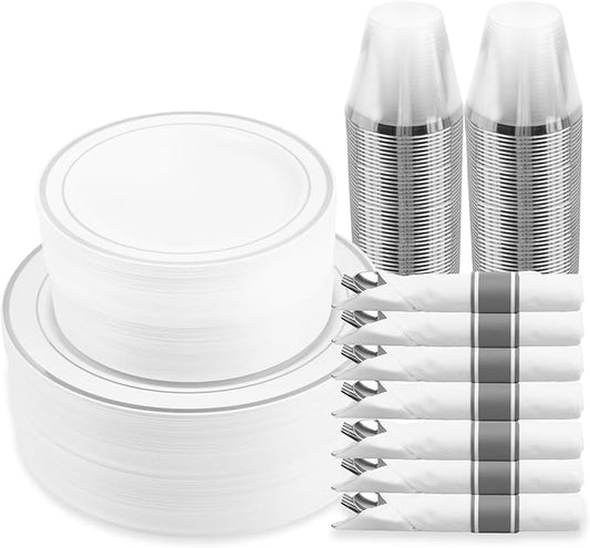 M MCIRCO 350 Piece Dinnerware Set,100 Silver Rim Plastic Plates, 50 Cups,50 Pre Rolled Napkins with Plastic Silverware, Disposable Dinnerware Set for 50 Guest, Silver