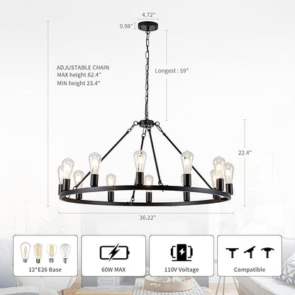 12-Light Wagon Wheel Chandelier, Farmhouse Dining Room Light Fixture, Black Round Rustic Chandeliers, Vintage Ceiling Hanging Pendant Light Fixture for Living Dining Room Bedroom Kitchen Foyer
