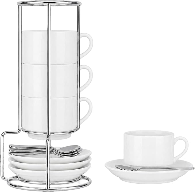 8 Ounce Cappuccino Cups Set of 4, Includes Display Stand, Cups Saucers by Renewrevital