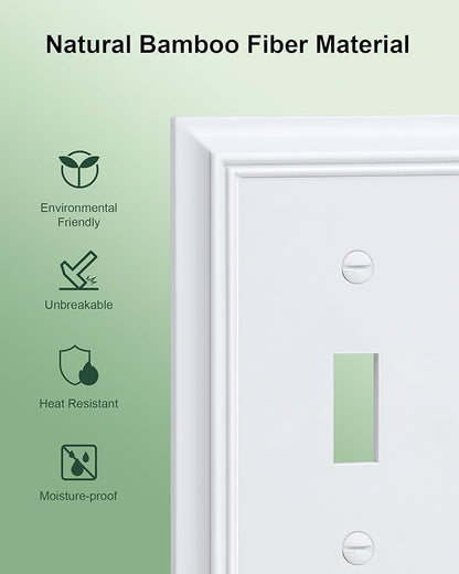 2-Pack Quad Toggle Light Switch Cover Plate, Pure White Decorative Switch Plate Covers, Natural Bamboo Fiber 4 Gang Wall Plate for Toggle Light Switch and Rotary Dimmer Switch