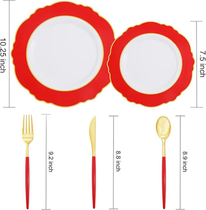 WDF 30Guest Red Plastic Plates - Gold Plastic Silverware With Red Handle - Red Plates Disposable- Baroque Plastic Dinnerware for Party Valentine's Day