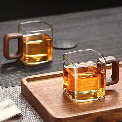 Square Glass Cups with Wooden Handle, Transparent Tea Glasses - Image 3