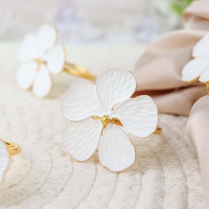 Efavormart 4 Pack | White & Gold Metal Flower Napkin Rings, Floral Serviette - Image 9