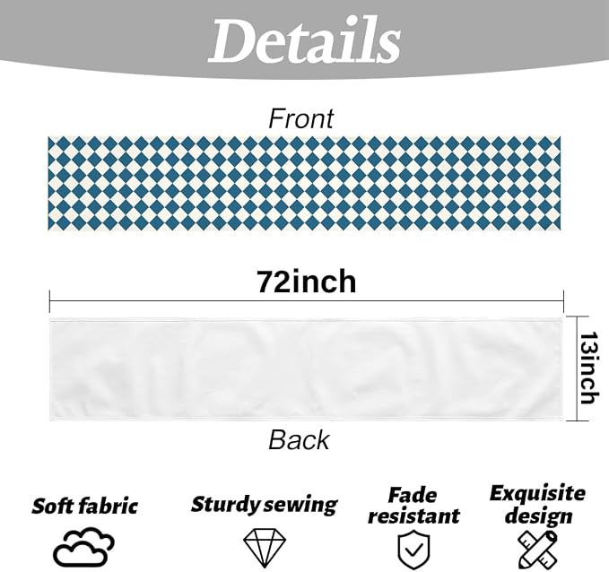 Blue White Diamond Table Runner, Tea Themed Party Decoration | Long Checkered - Image 6
